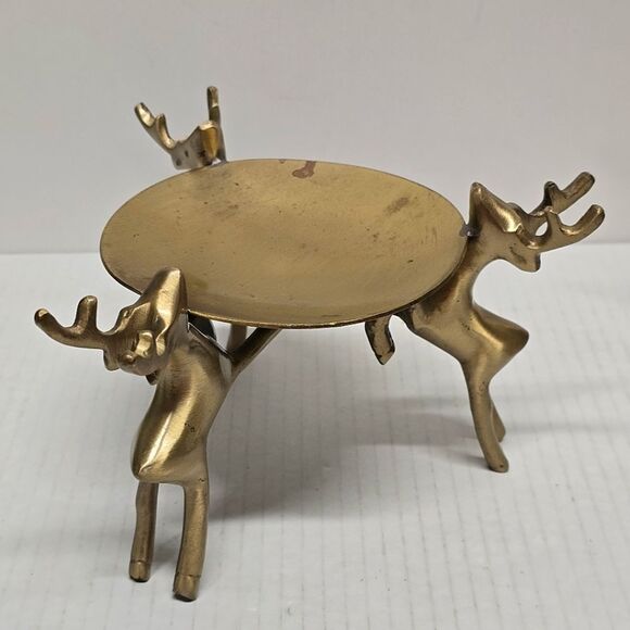 Vintage Brass Deers Candle Holder Set 3 Reindeers Holding Tray MCM - Picture 4 of 8